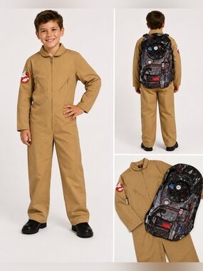 Kids Tan Ghostbuster-Inspired Jumpsuit Costume with Proton Pack Backpack